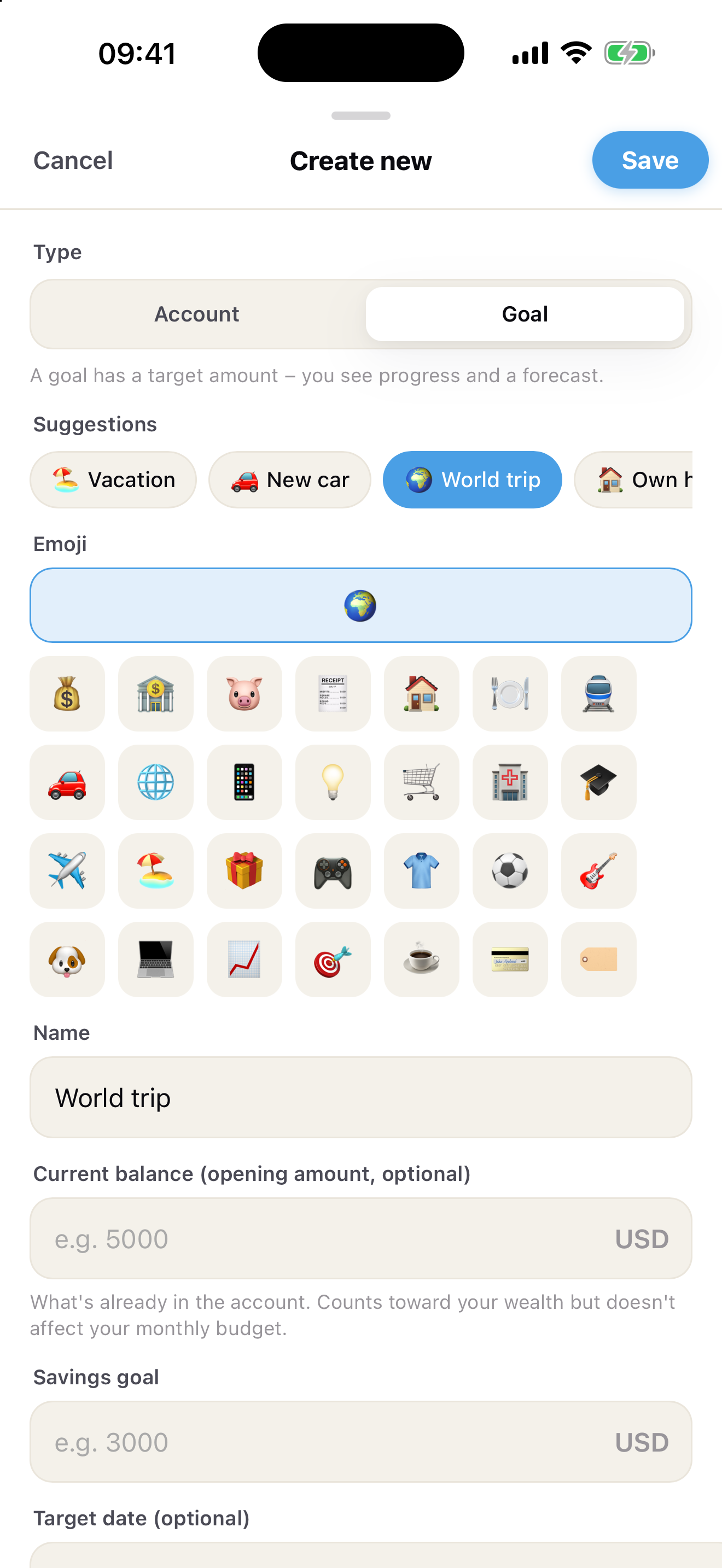 Create goal sheet with suggestion chips