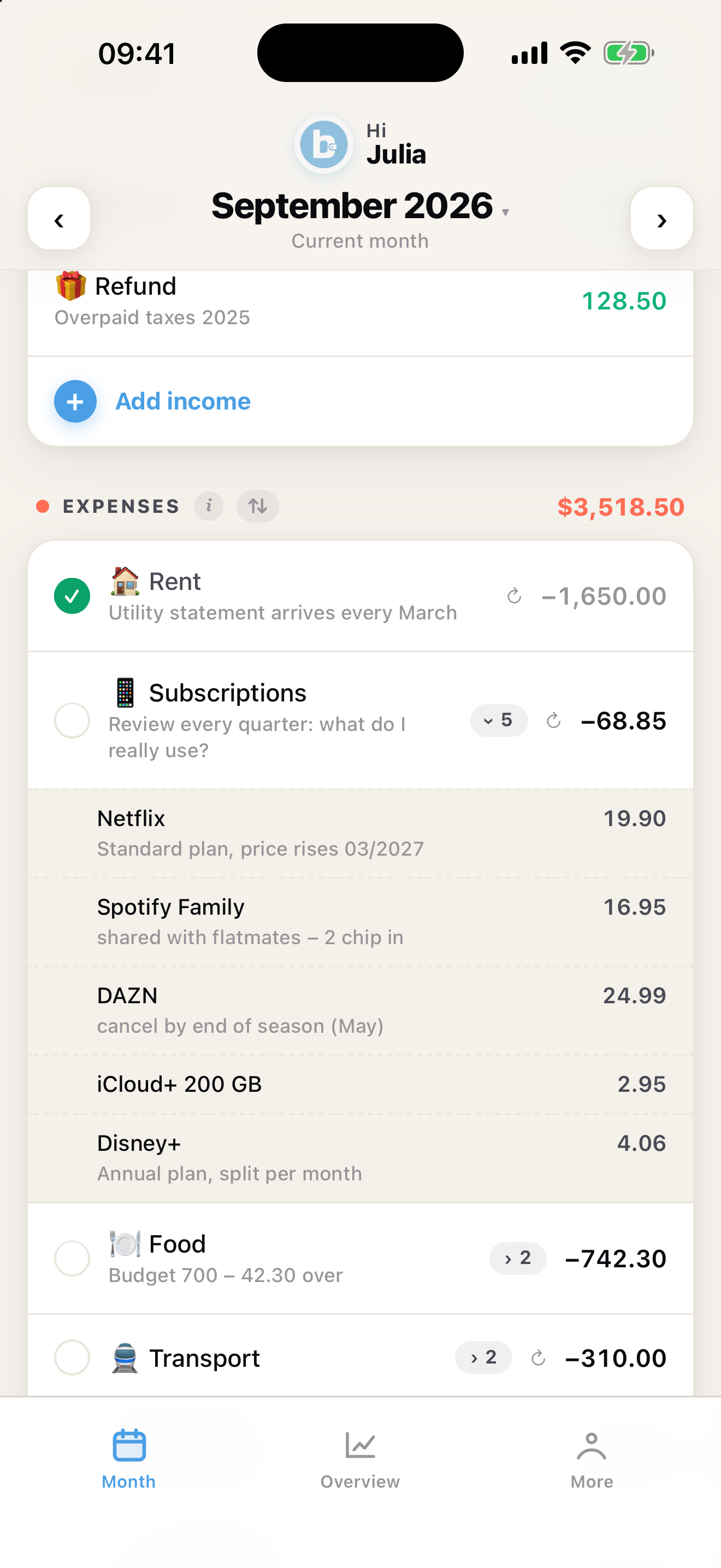 Month view with the Subscriptions entry expanded into its sub-items